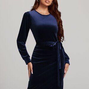 Round Neck Tie Waist Long Sleeve Velvet Dress